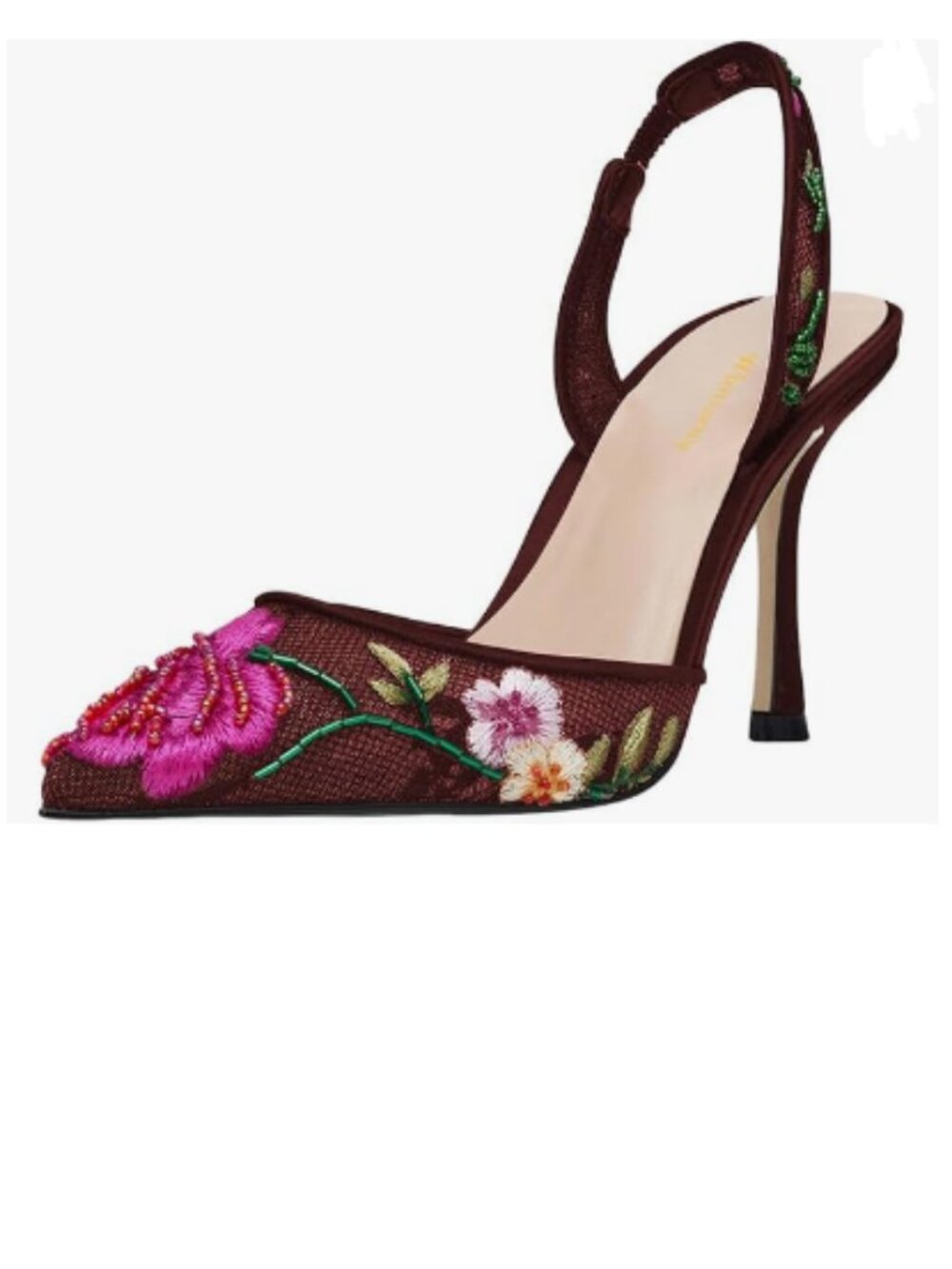 Miss left Dark Red Flower Embroidered Pointed Toe Slingback Pumps Slip on Sandal